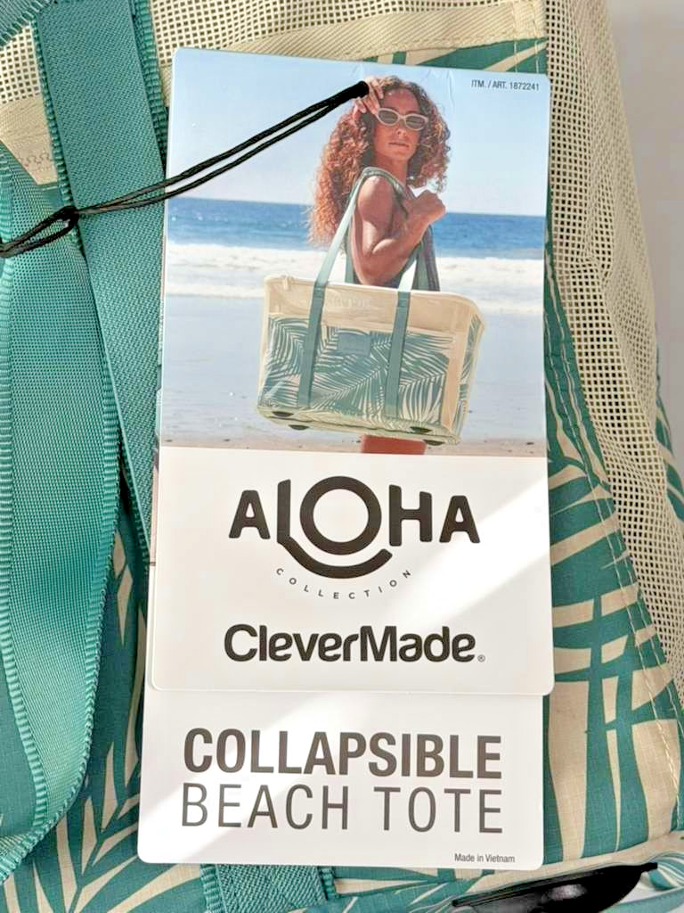 ALOHA Collection x CleverMade Collapsible Beach Tote Bag – Teal Palm Print – NEW