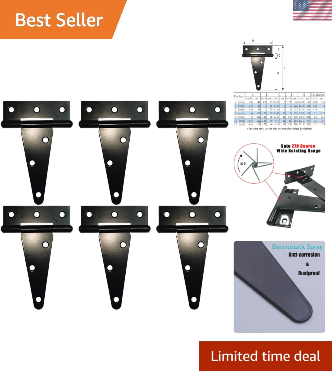 6 Pcs Heavy Duty T Hinges – 4 Inch Black Low Carbon Steel with 110 lbs Capacity