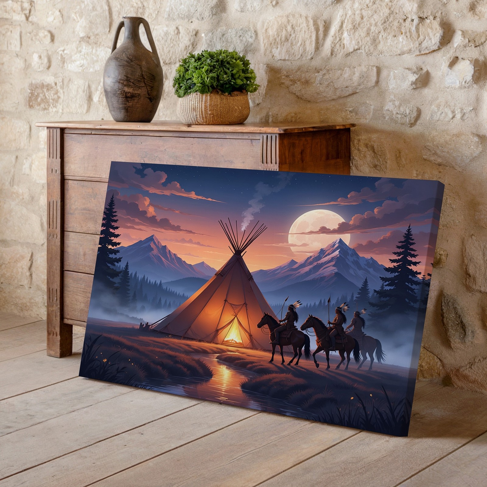 Native American Teepee Canvas Wall Art with Horseback Riders and Sunset Decor