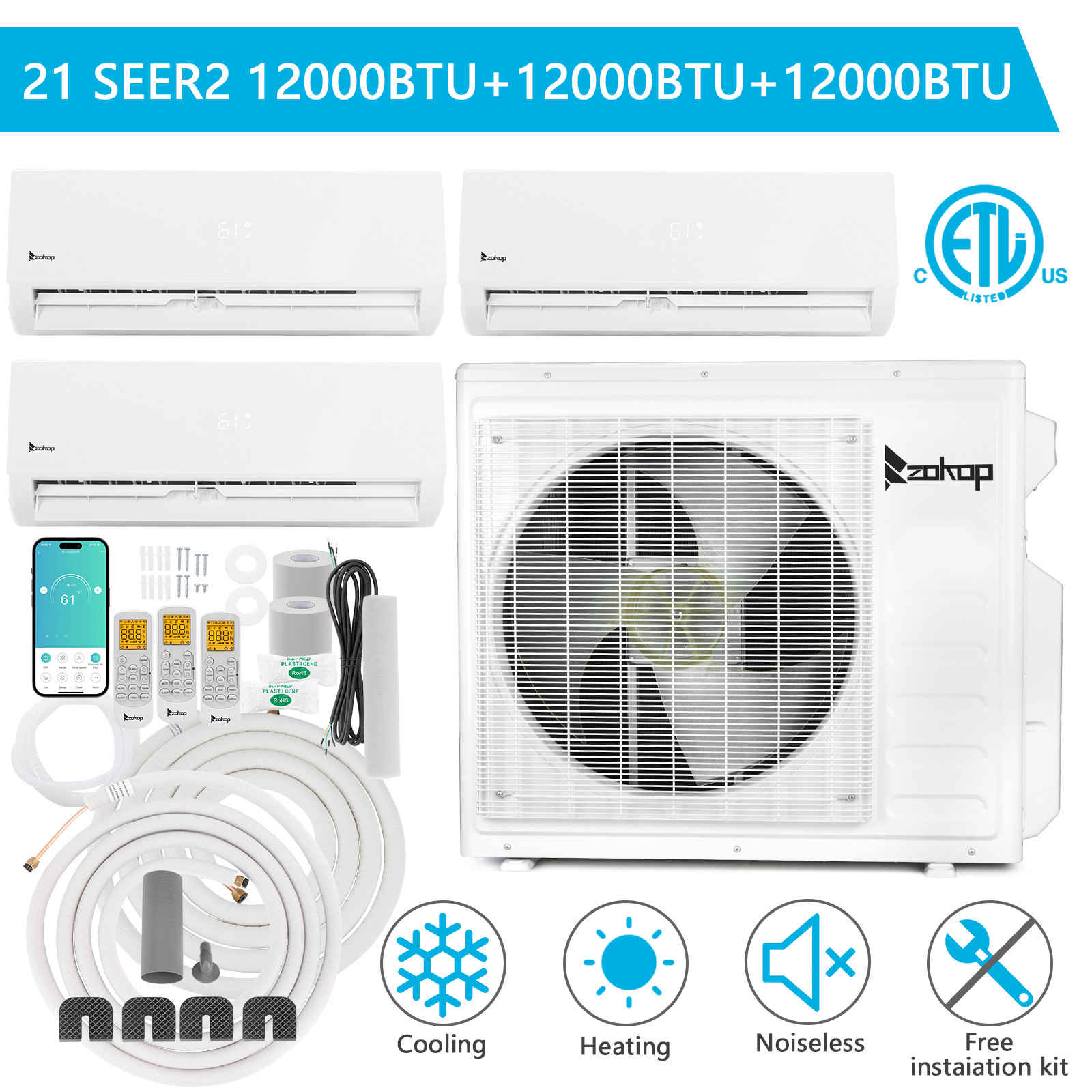 Wifi 27000 BTU 3 Zone Ductless Mini Split Air Conditioner 21 SEER2 3 x 12000BTU
