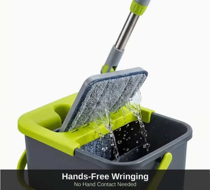 Flat Mop Bucket Set Hands Free Squeeze Floor Cleaning System 2 Microfiber Pad