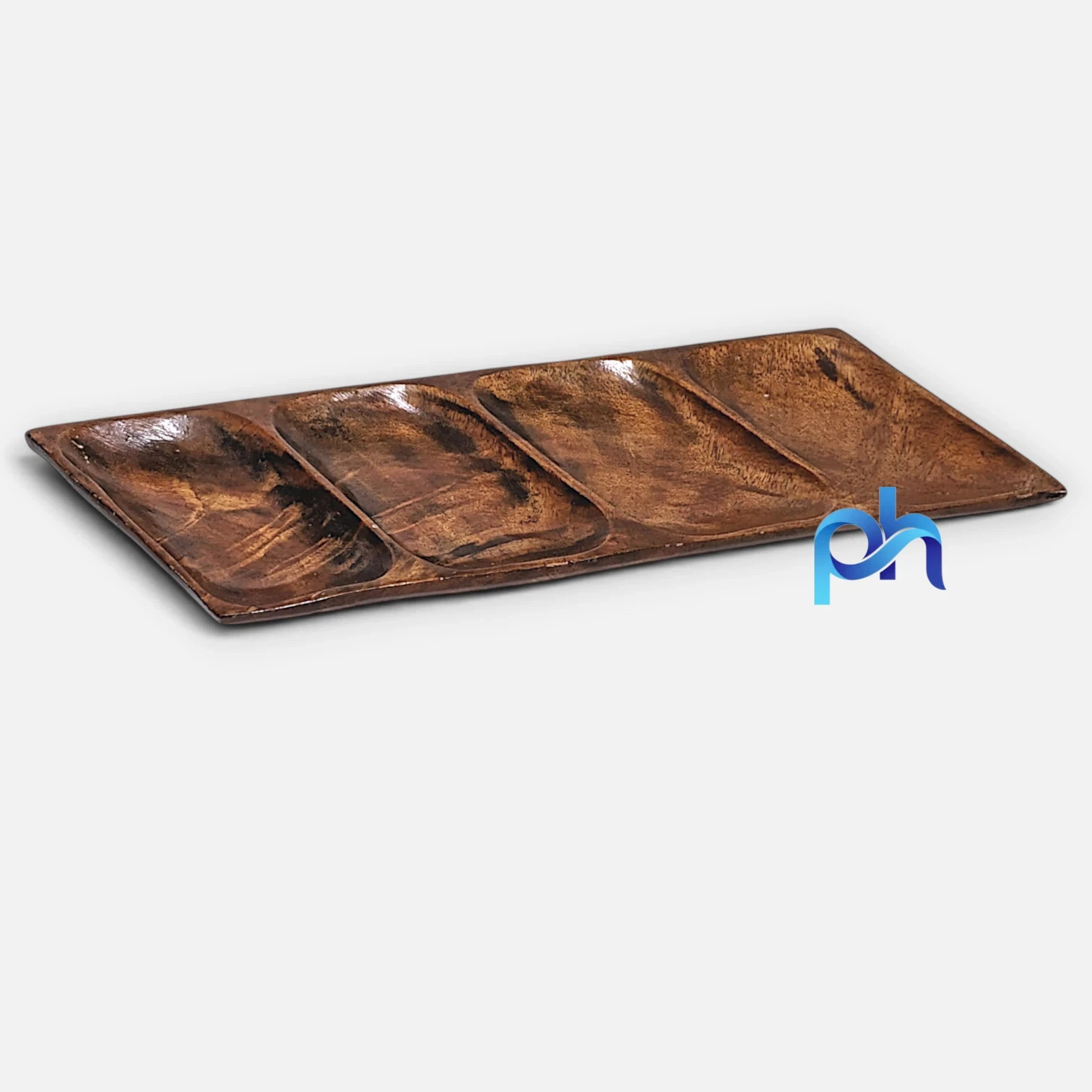 ​Vintage Hand Carved Wood Divided Tray 12″ Philippines 4 Section Boho Monkey Pod