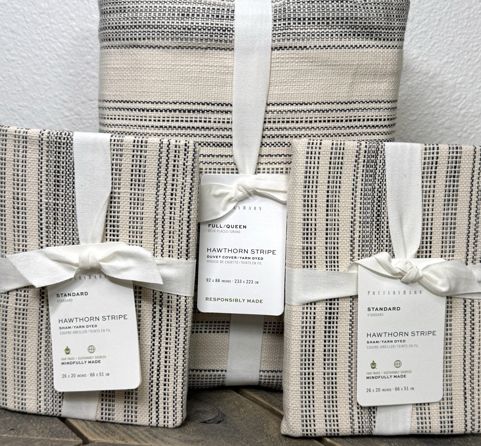 POTTERY BARN HAWTHORN STRIPE COTTON QUEEN DUVET COVER + 2 STANDARD SHAM CHARCOAL