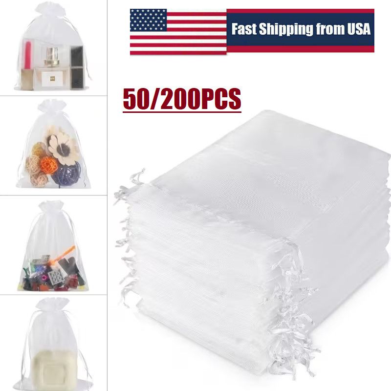 200Pcs Sheer Organza Drawstring Gift Bags, Jewelry, Wedding, Party Favor Pouch
