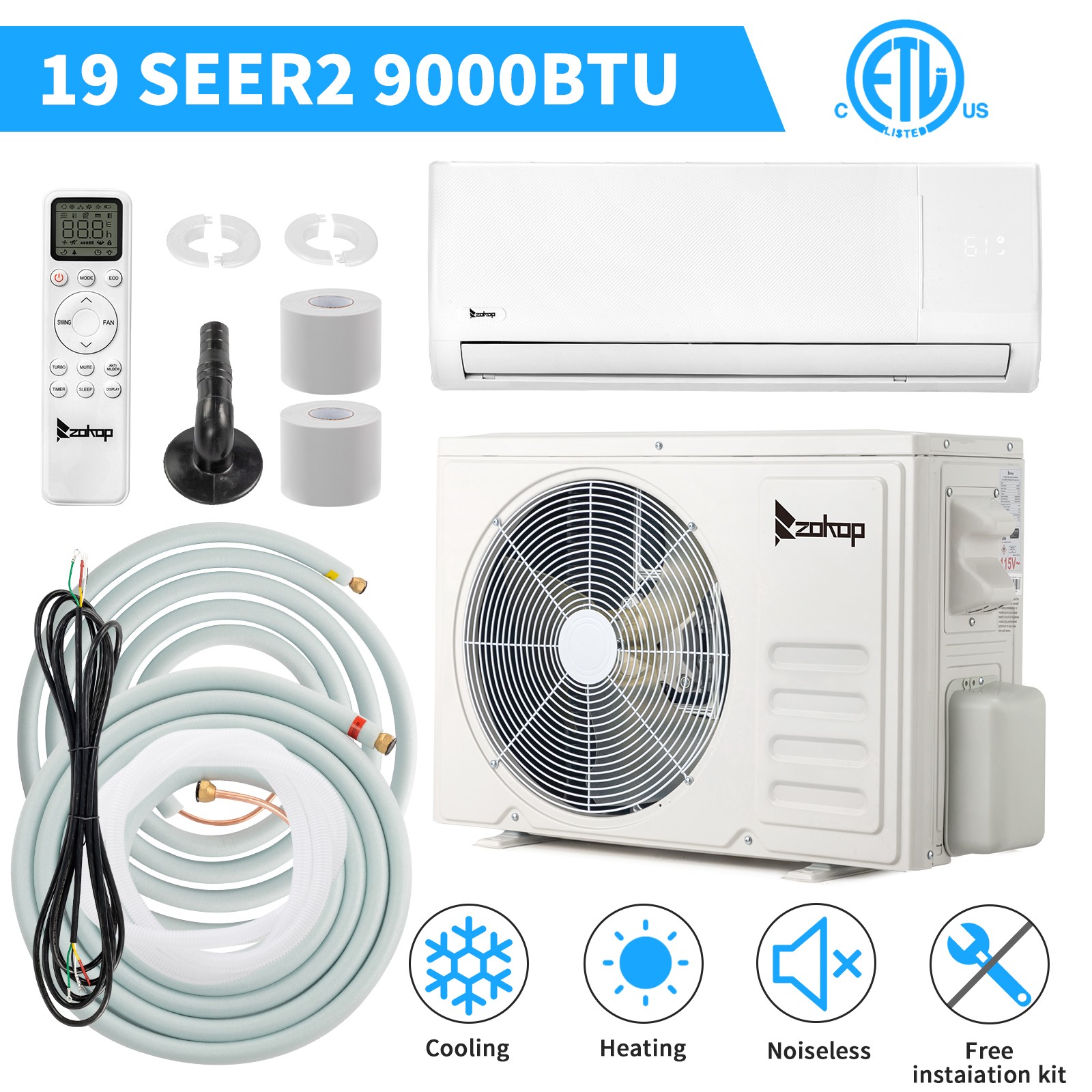 9000 BTU Air Conditioner Mini Split 19 SEER2 INVERTER AC Ductless Heat Pump 115V