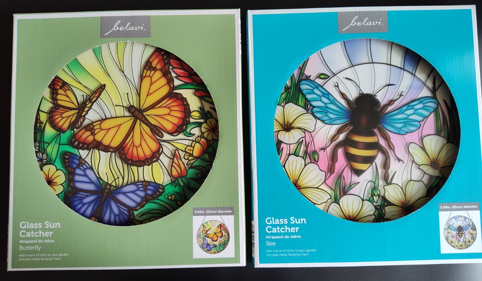 2 Hanging Glass Sun Catchers. Bee & Butterfly 9.84 in. diameter