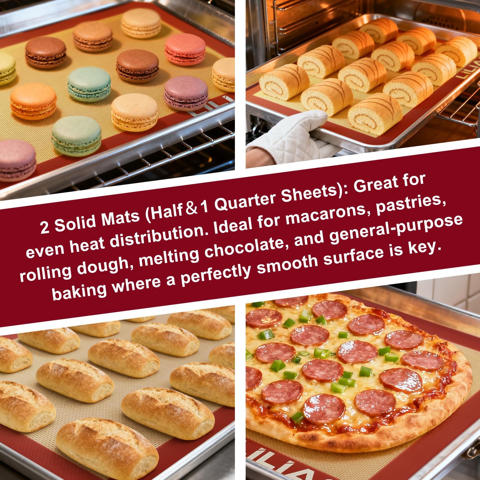 LILIAO Silicone Baking Mat, 3-Pack 16.53 x 11.61in, 11.81 x 8.26in, Red