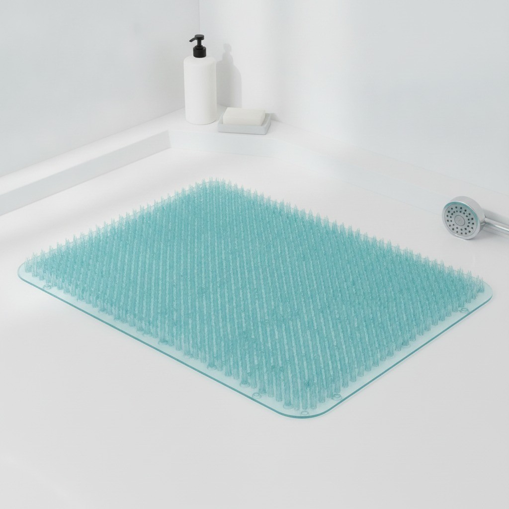 Grassy Bathtub Mat, 25.6 x 13.4 in, Light Blue, Quick Drain, PVC