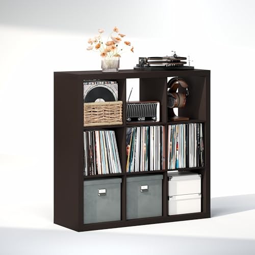 Cubicle Record Player Stand with Triple Thick, 9-Cube Standard Black Dark Oak