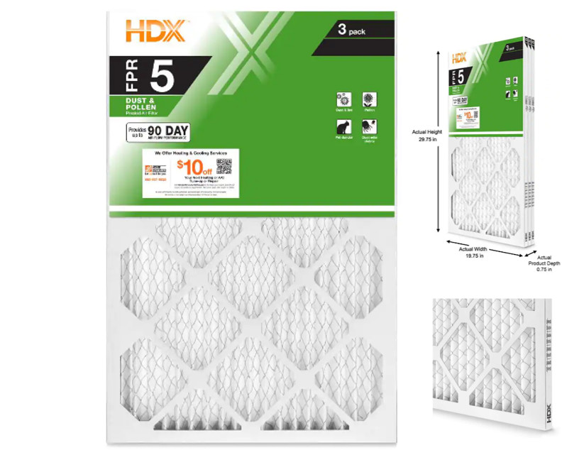 20 x 30 x 1 Standard Pleated Air Filter FPR 5, 3-Pack, Air Filters Replacement