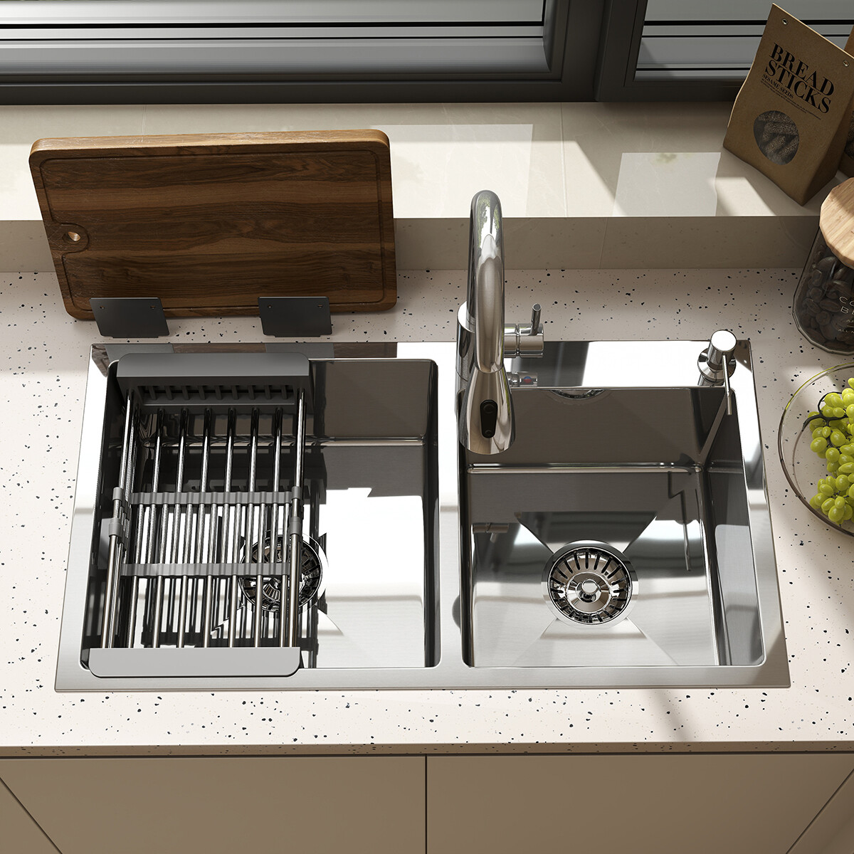 Silver Kitchen Sink Stainless Steel Double Bowl Drop In Top Mount Workstation