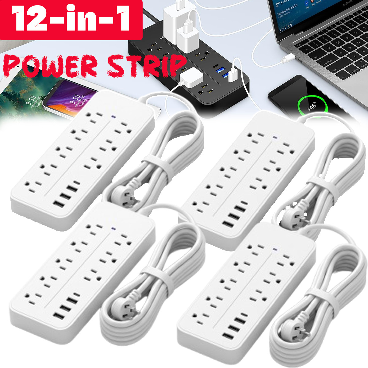 Lot Wall Mountable USB Surge Protector Power Strip with USB Ports 8 Outlet Plugs