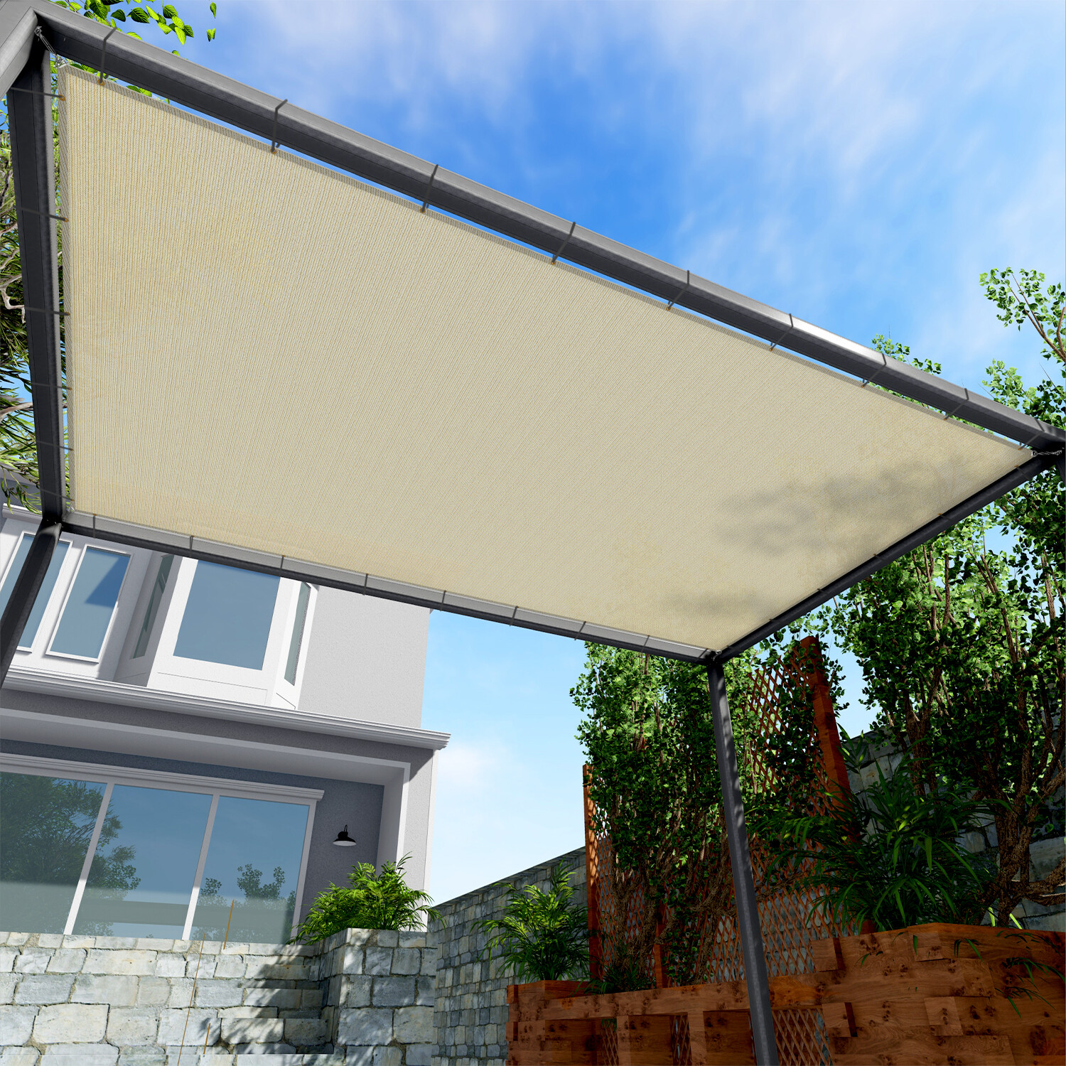 Beige 240GSM Sun Shade Sail Straight Edge Patio Canopy Awning Carport 6×6-10×40