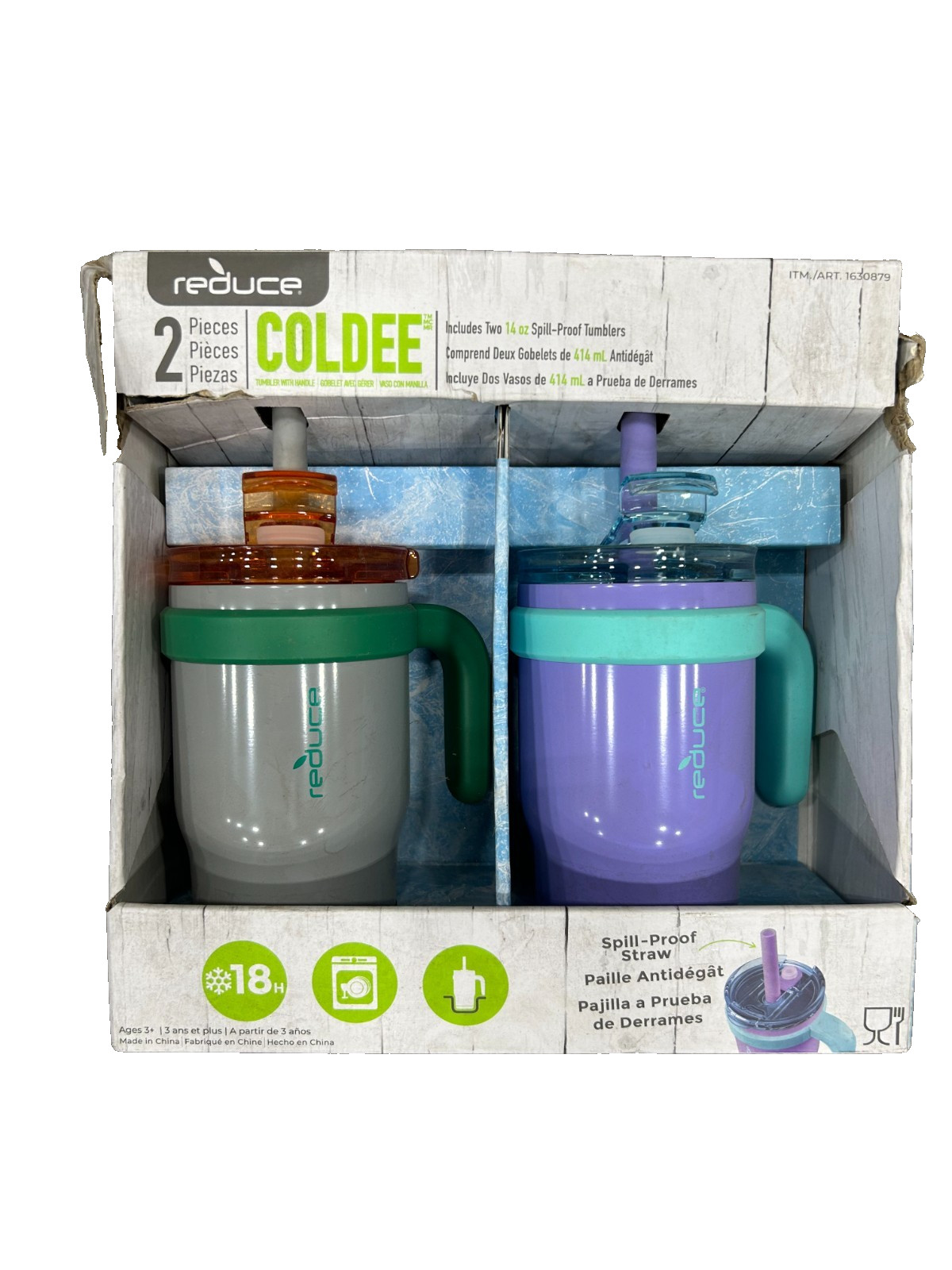 REDUCE 14 oz Gray/Purple Coldee Tumbler with Handle for Kids 2 Pack, Leakproof
