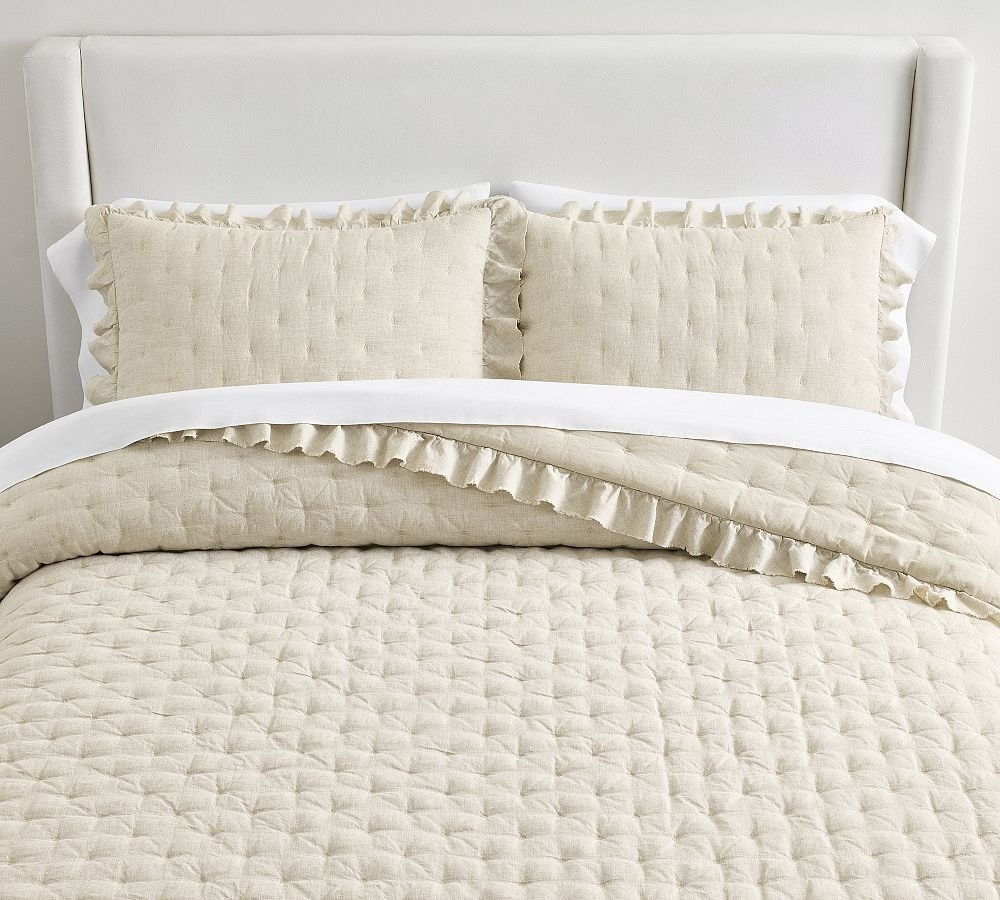 Pottery Barn-Belgian Flax Linen Ruffle Tufted Quilt