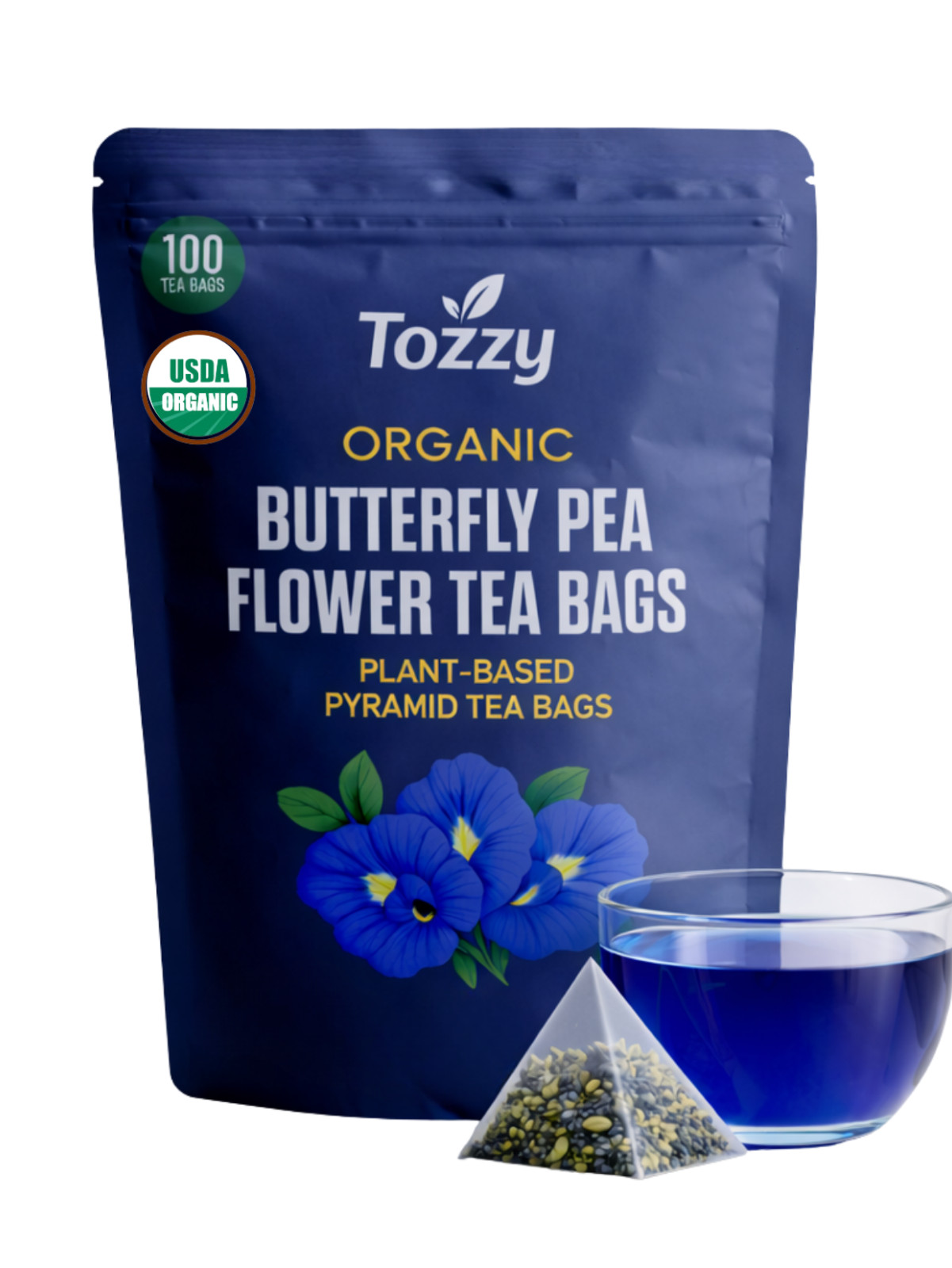 Organic Butterfly Pea Flower Tea Bags – 100 Count (Plant-Based Pyramid Tea Bags)