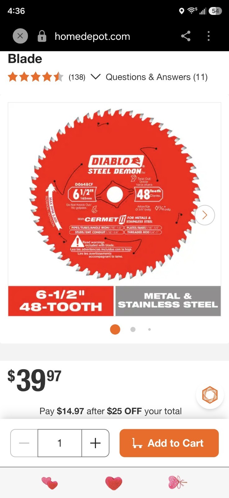 DIABLO Steel Demon 6-1/2 in x 48-Tooth Cermet Metals Stainless Steel Saw Blade