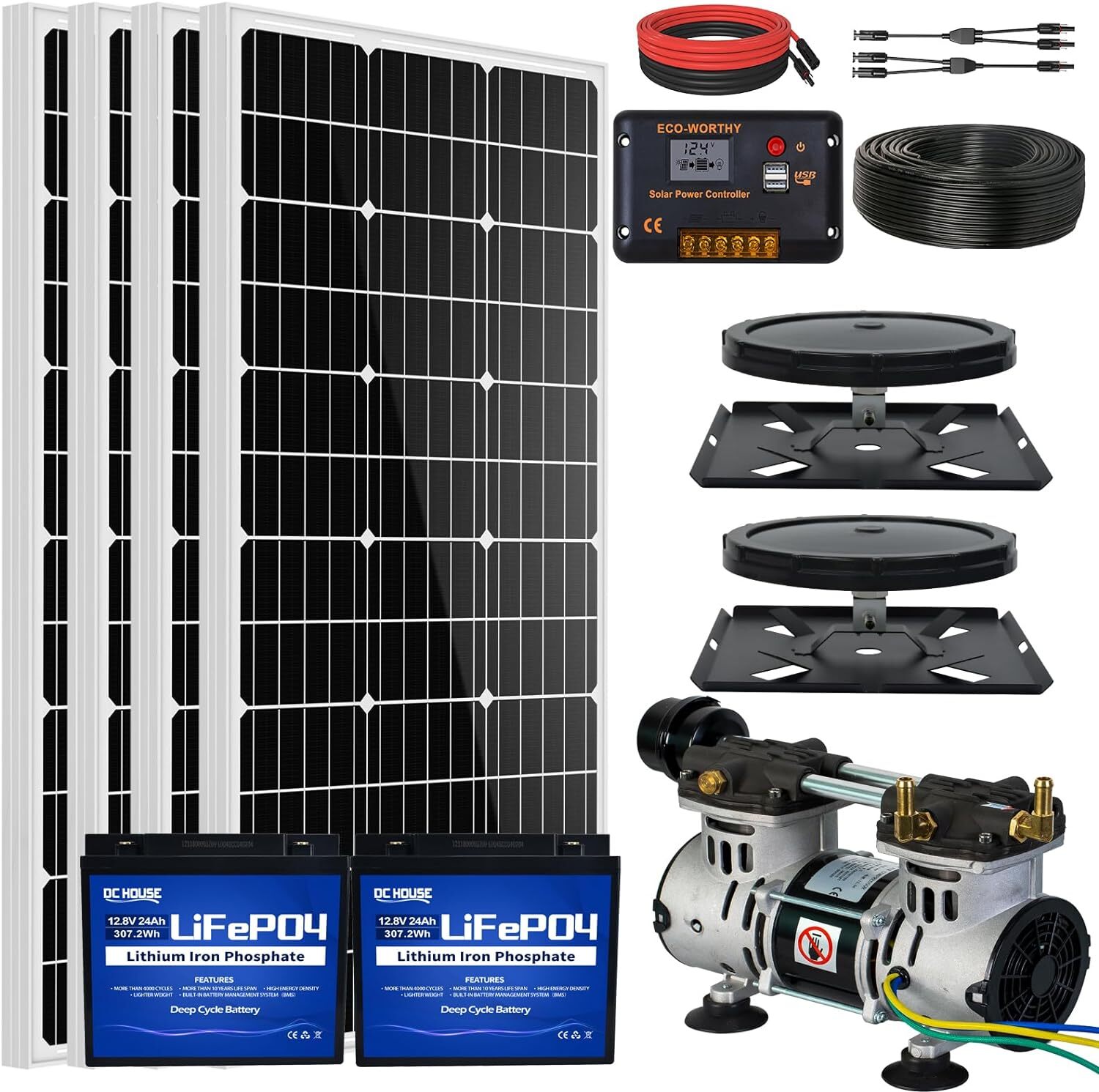 5.76CFM Solar Pond Aerator 300W Pond & Lake Aerator 2pcs 24Ah Lithium Battery