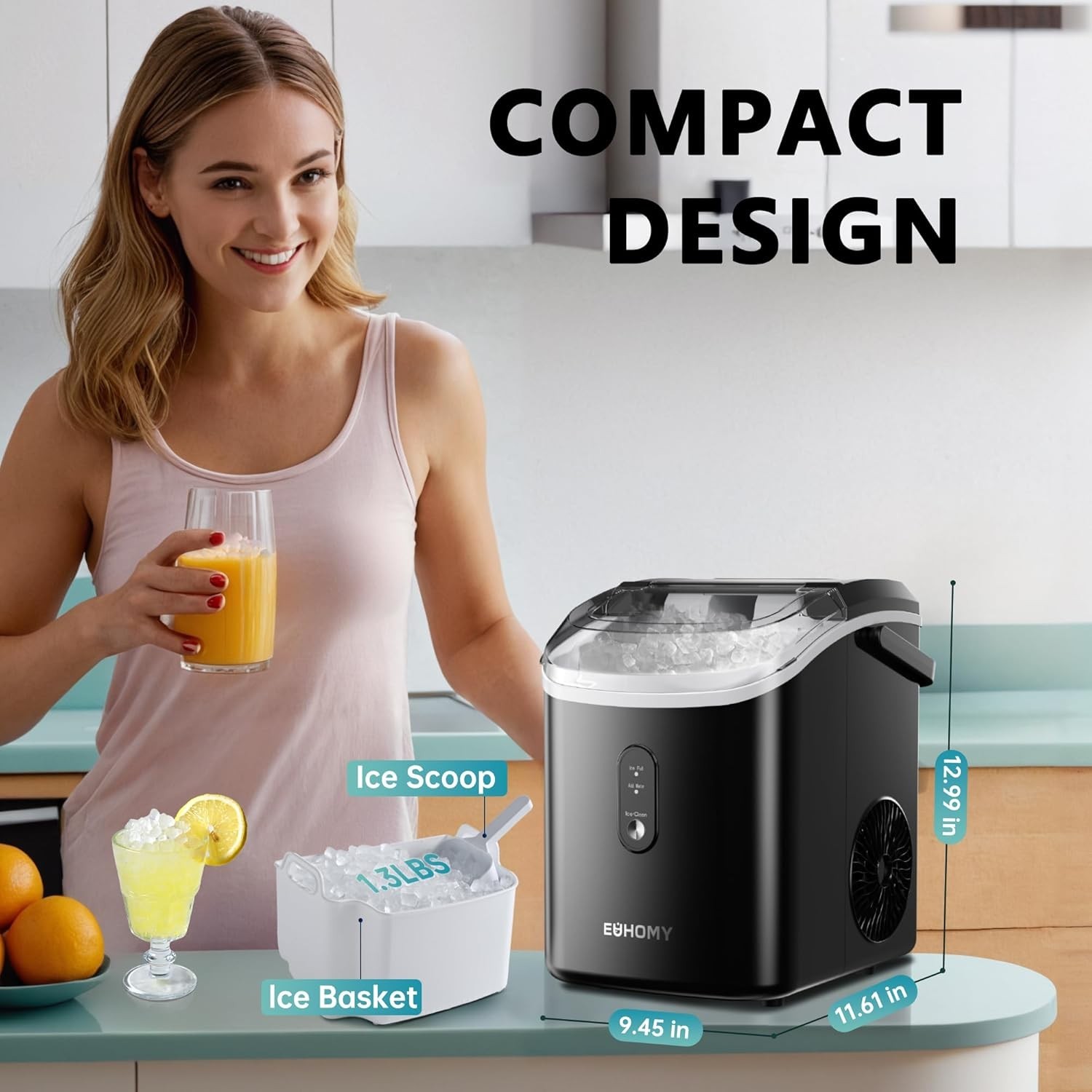 Compact Nugget Ice Maker – 34lbs Daily Capacity, Quiet, and Certified Safety