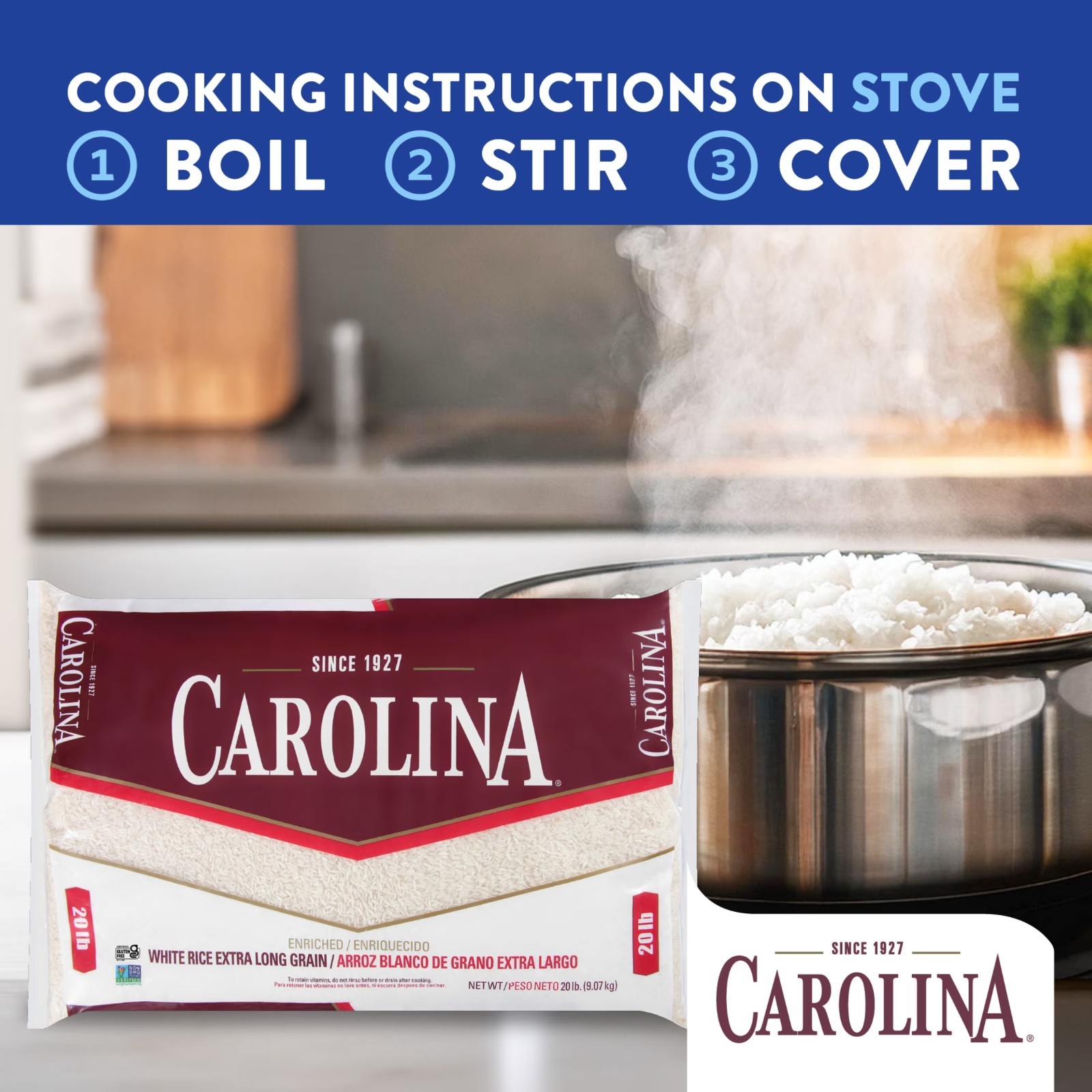 Carolina Enriched White Rice, Extra Long Grain, 20 lb Bag.