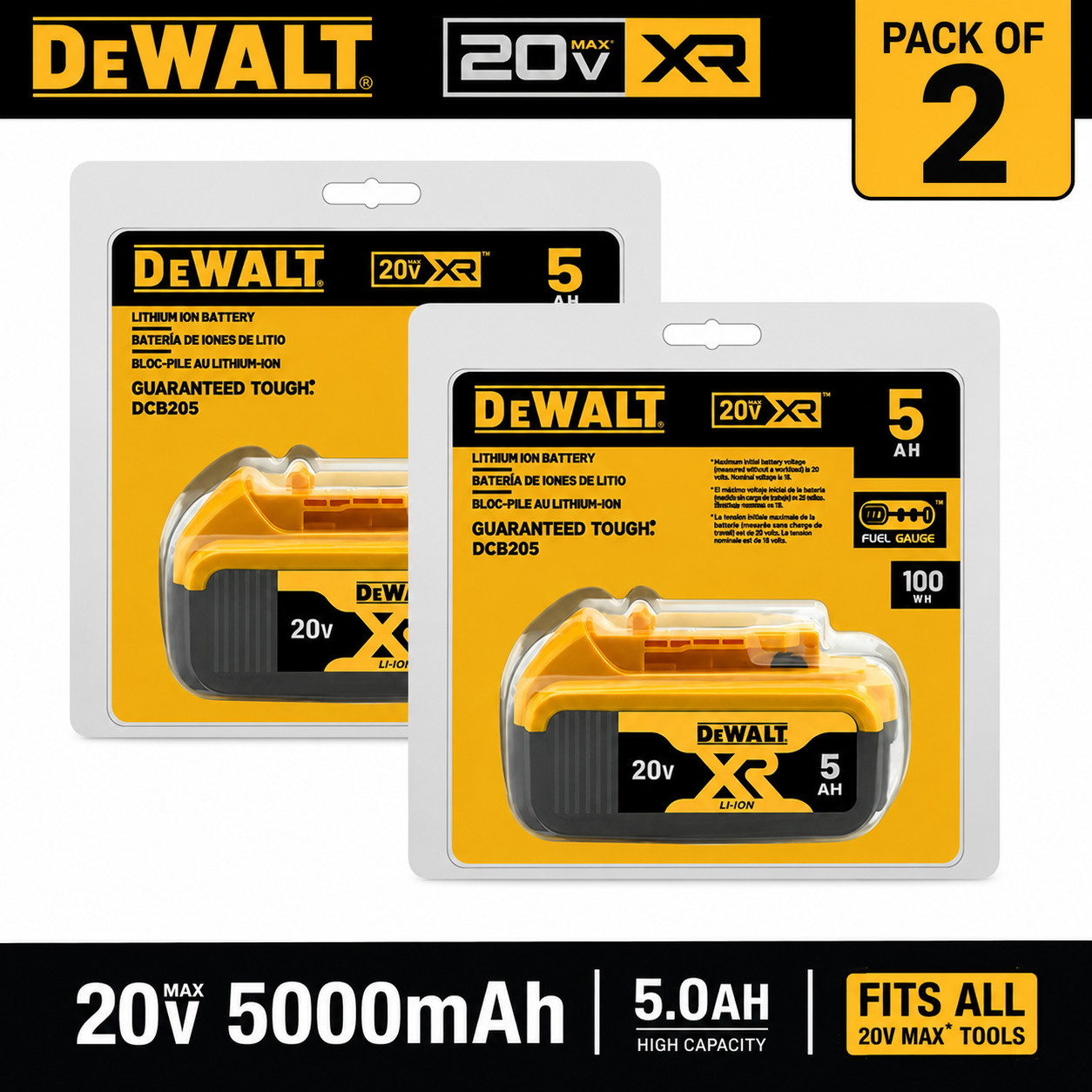 2 Pack DEWALT DCB205-2 20V Max XR 5.0Ah Lithium-Ion Battery New In Pack USA