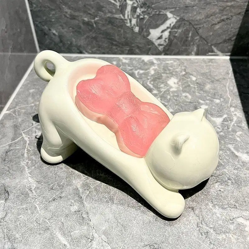 Cat Shape Soap Dish Holder Self Draining Plastic Soap Box Bathroom Accessories