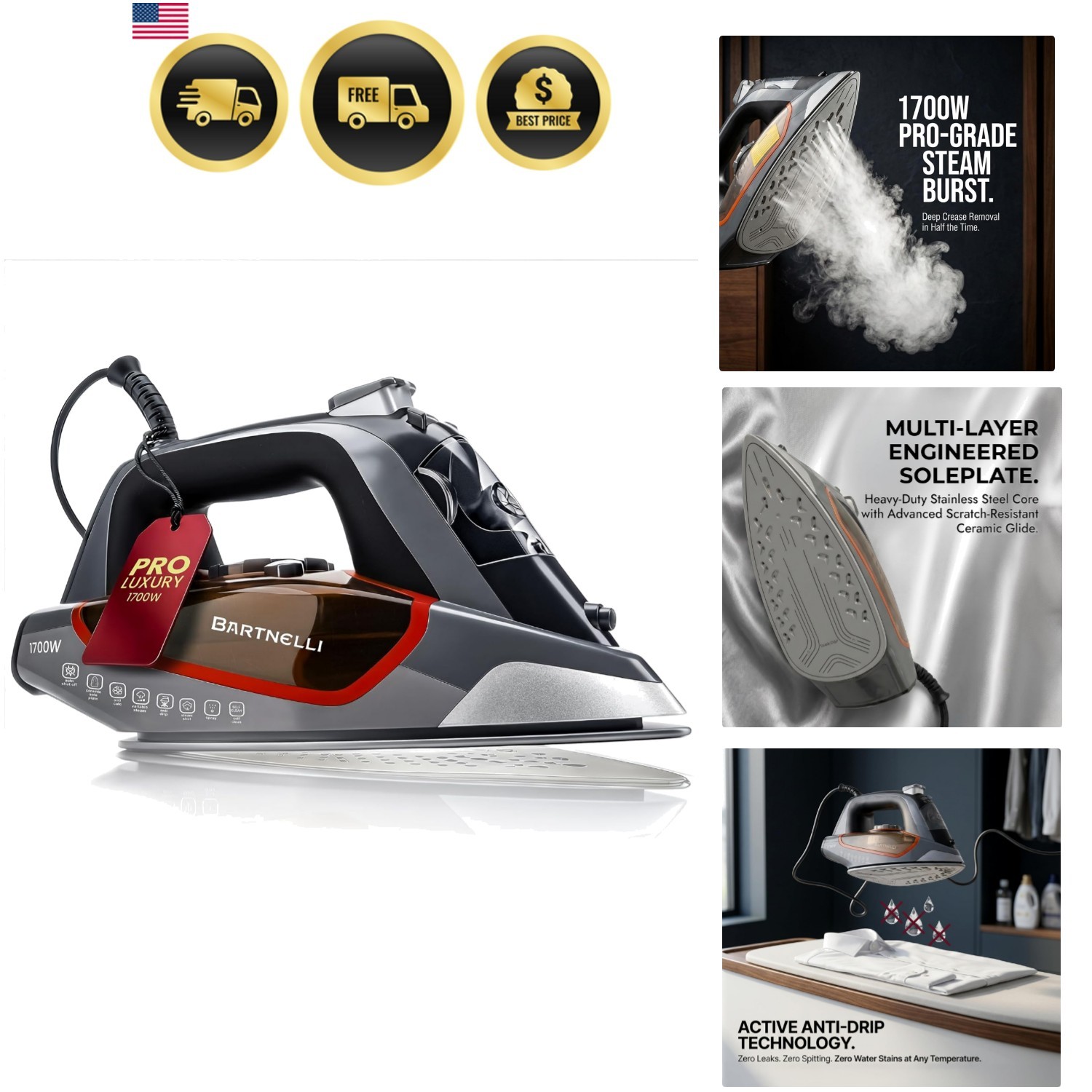 Pro Luxury Steam Iron for Clothes – 1700W Heavy-Duty Commercial Iron with Mul…