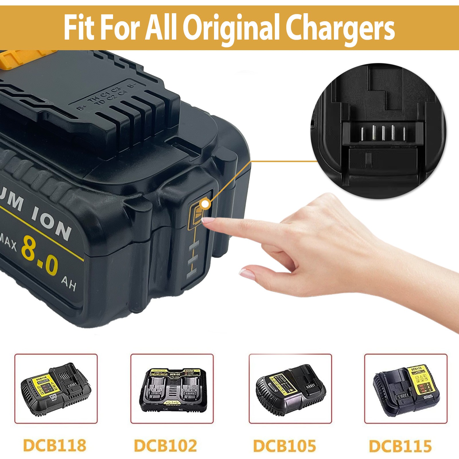 2-Pack 20V 8.0Ah Rechargeable Lithium-Ion Batteries Compatible with Dewalt（SALE）
