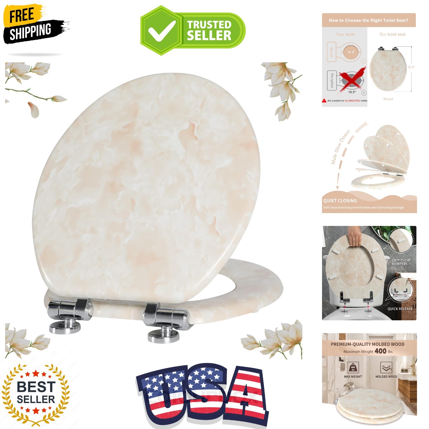 Marble Toilet Seat Durable Molded Wood with Quiet Close, Easy Clean, Quick-Re…