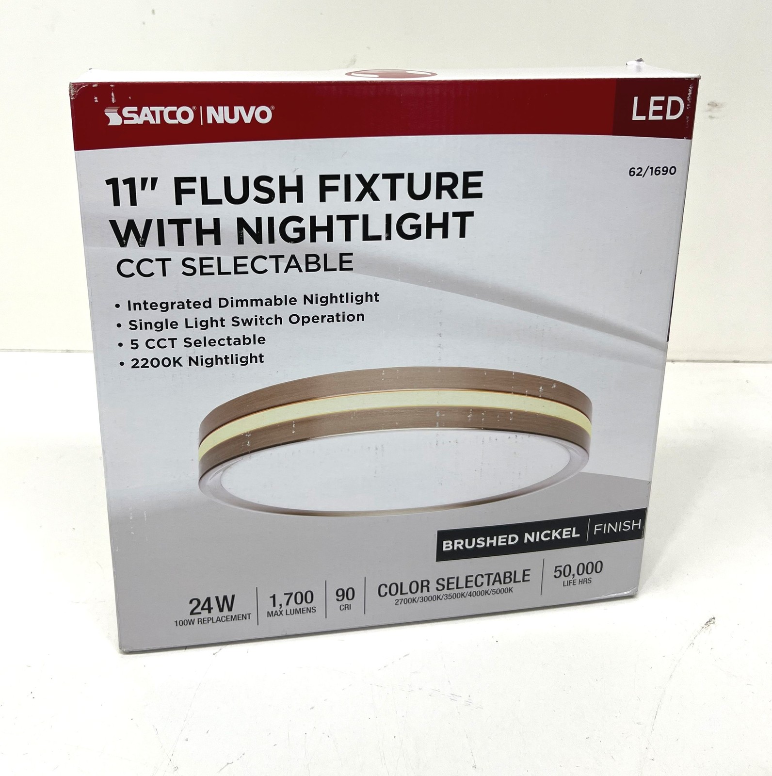 SATCO 11.42 in. Brushed Nickel Flush Mount with Nightlight Integrated LED