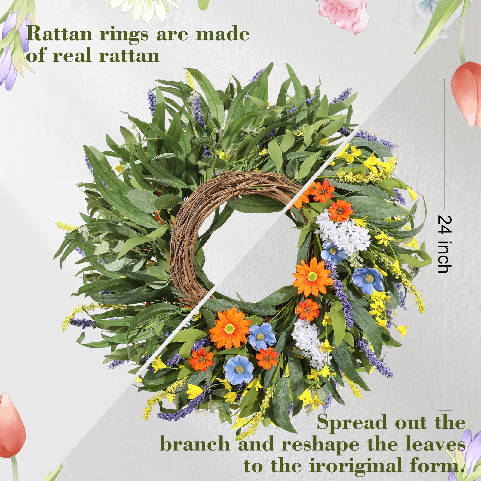 Spring Wreath for Front Door 24 Inch, Summer Floral Wreaths with Artificial D…