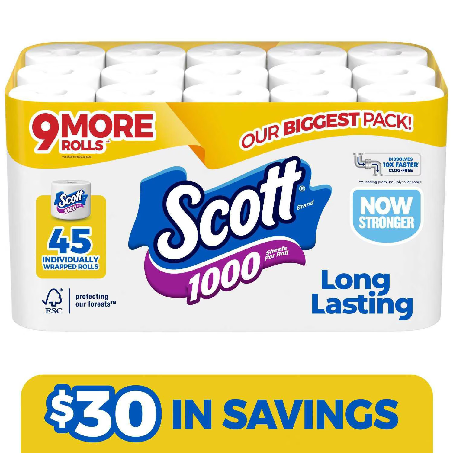 Scott 1000 1-Ply Toilet Paper 45 rolls, 1,000 sheets/roll