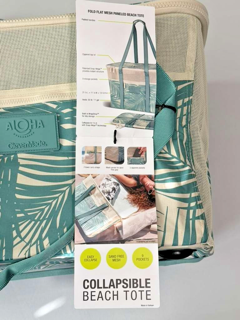 ALOHA Collection x CleverMade Collapsible Beach Tote Bag – Teal Palm Print – NEW