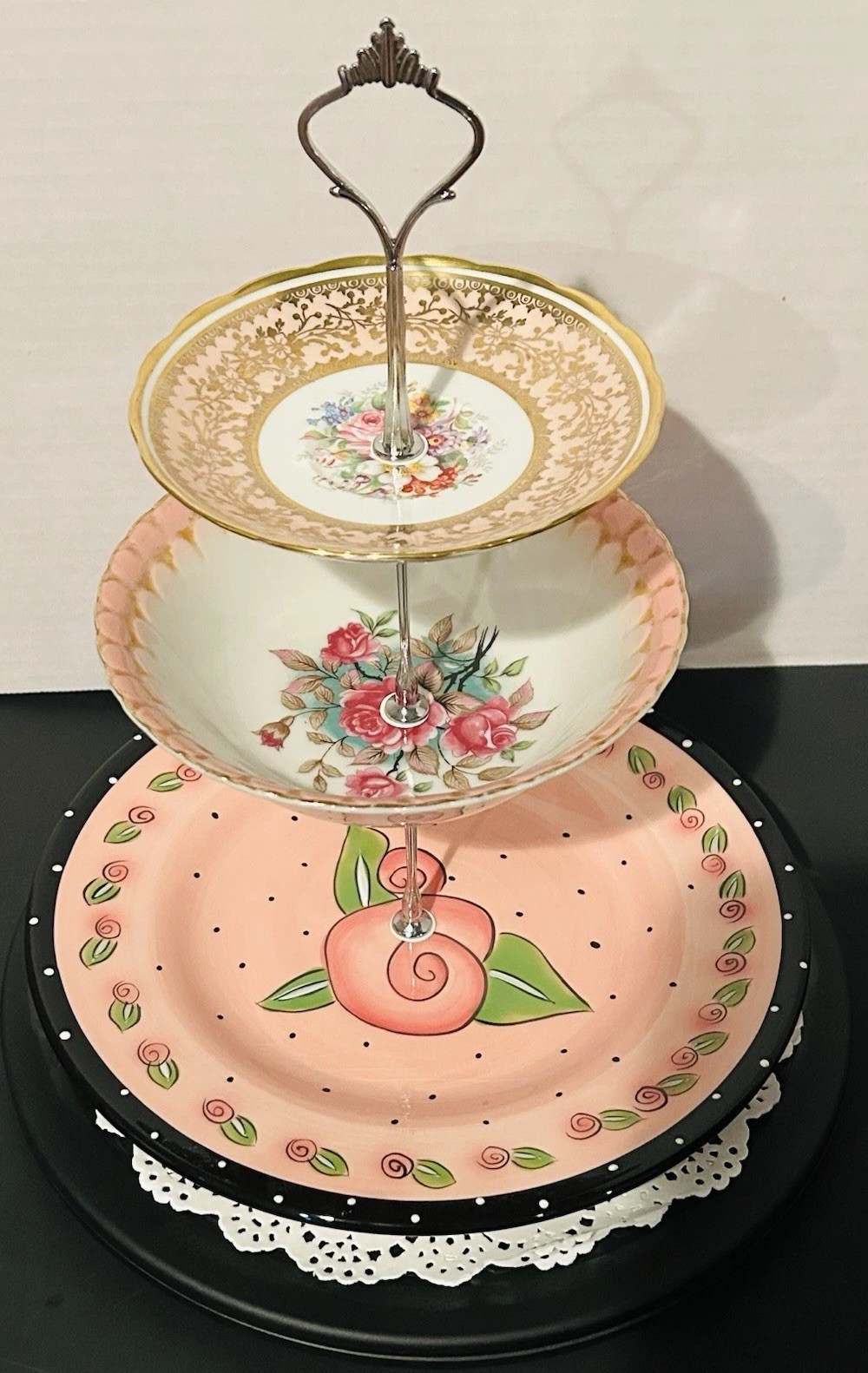 3-Tier Floral Ceramic & Metal Cake Stand, Round Pink White Gold Black Handle