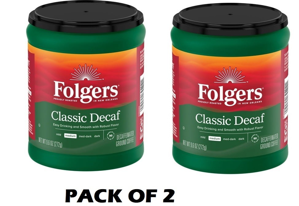 (2 Pack) Folgers Decaf Coffee Ground Coffee Classic Medium Roast 9.6 oz Canister