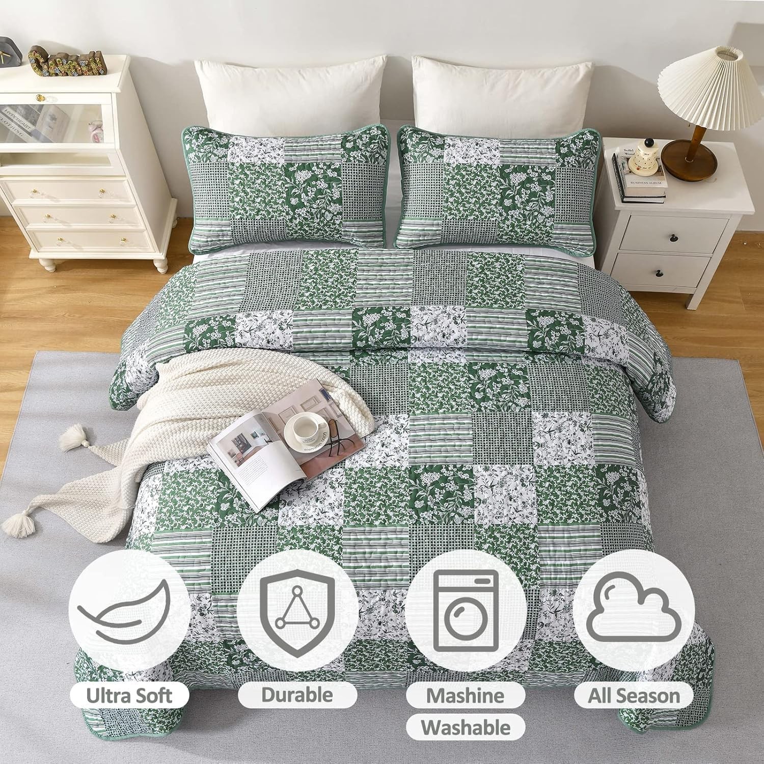 Floral Plaid Patchwork Quilt Set Reversible Lightweight Microfiber Bedspread