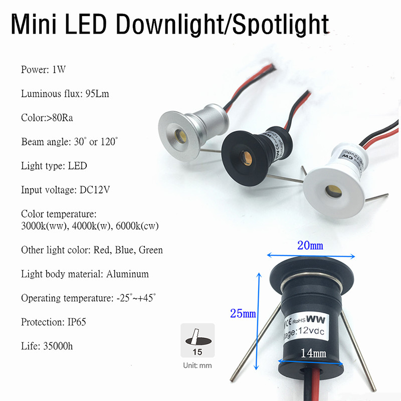 Small Spot Light 1W Mini LED Spotlight 12V Dimmable 15mm Recessed Downlight