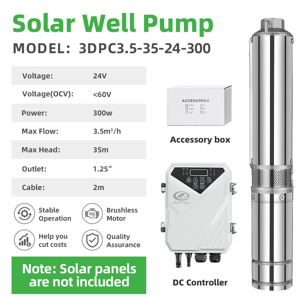 US STOCK DIFFUL 3″ 24V Solar Submersible Pump 0.4HP 15GPM 114FT Head Brushless