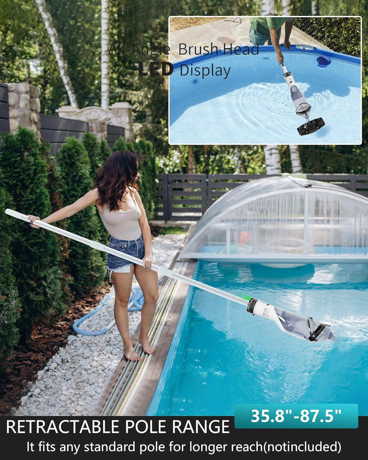Cordless Pool Vacuum for Above Ground Pool 19.5 GPM IPX8, Leaves, Debris