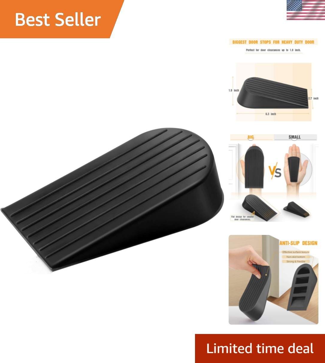 High 1.9 Inches Heavy Duty Door Stop Wedge – Prevents Slamming and Lock-Outs