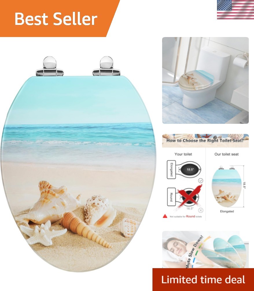 Easy Install Elongated Wood Toilet Seat – Quiet Close with Fast Release, Beach