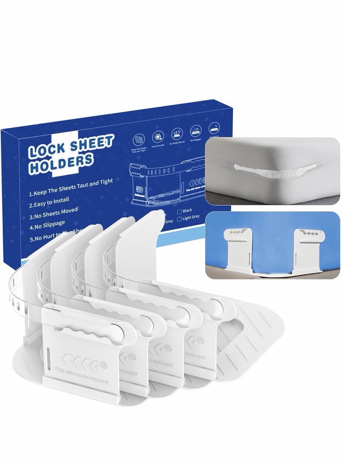 Anti-Slip Bed Sheet Clips Corner Holders White Plastic 11.42in 4-Pack