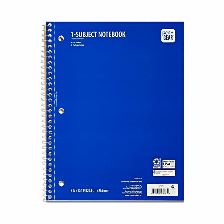 Pen+Gear 1-Subject Spiral Notebook Blue College Ruled 70 Sheets 8 x 10.5 in