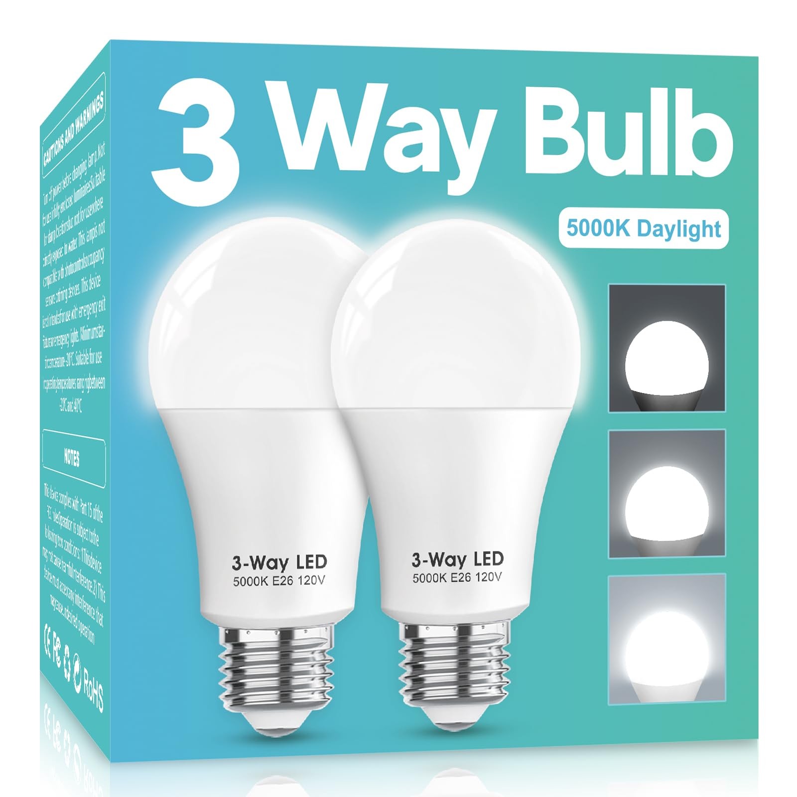 3 Way LED Light Bulbs 2 Pack 50 100 150W Equivalent Daylight 5000K A19 E26