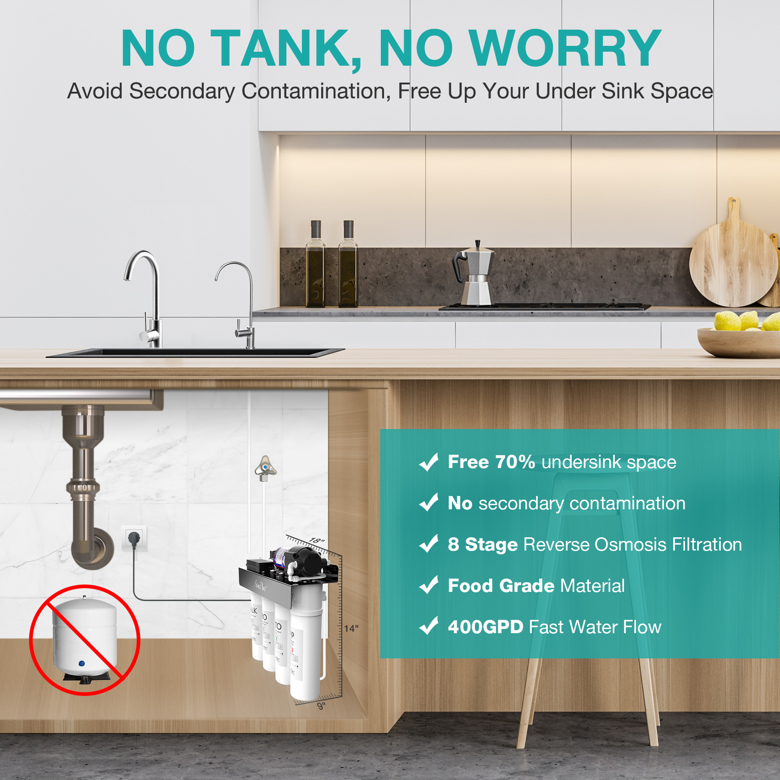 WP2-400GPD UV Alkaline pH+ Tankless Water Filter RO Reverse Osmosis System 400G