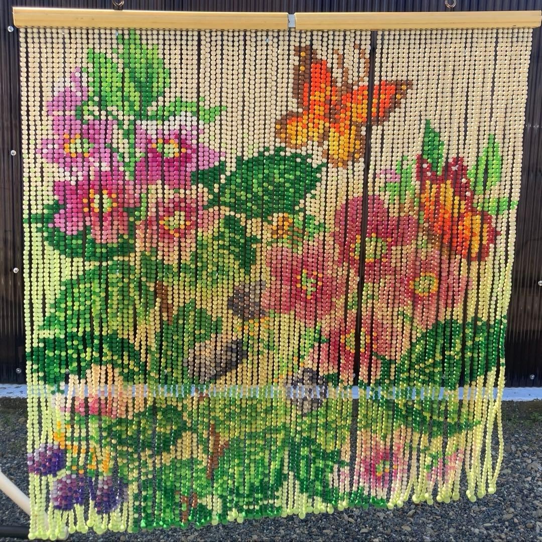 Vintage Beaded Curtain Flower & Butterfly Showa Retro Noren Plastic Beads RARE