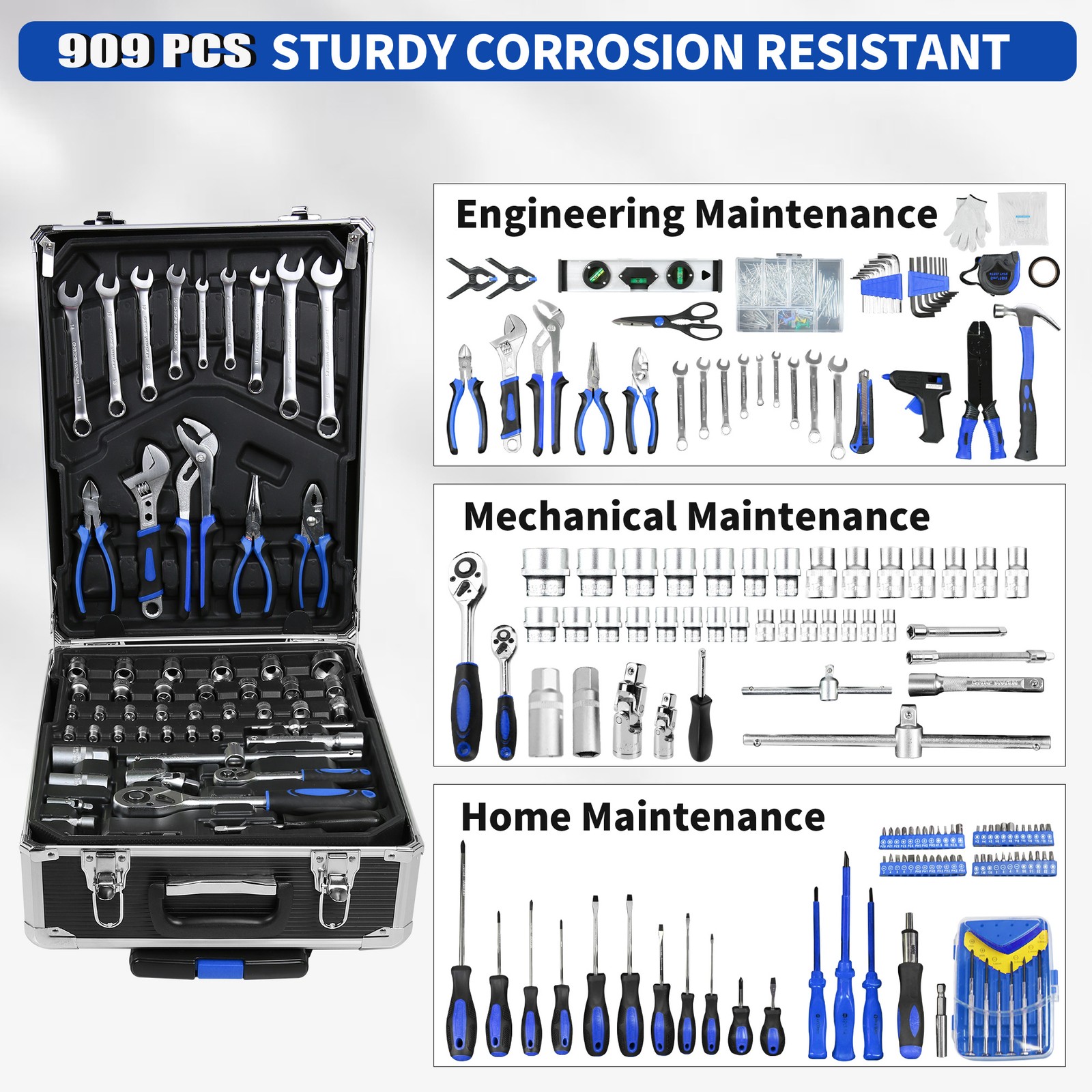 Tool Set Mechanics Tool Kit 909 PCS Wrenches Socket with Trolley Case Box Silver
