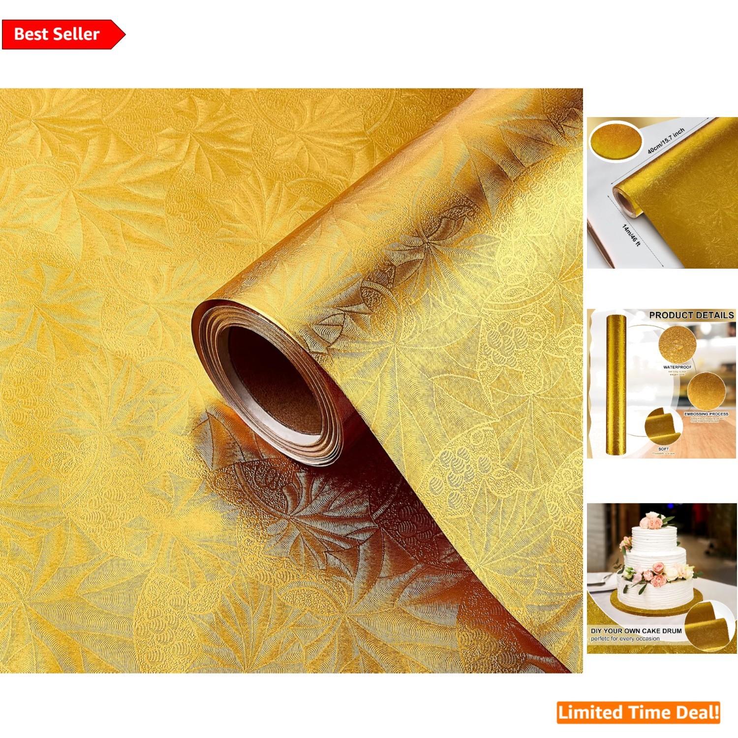 Glossy Gold Floral Foil Wrapping Paper – 46ft Roll for DIY & Floral Designs