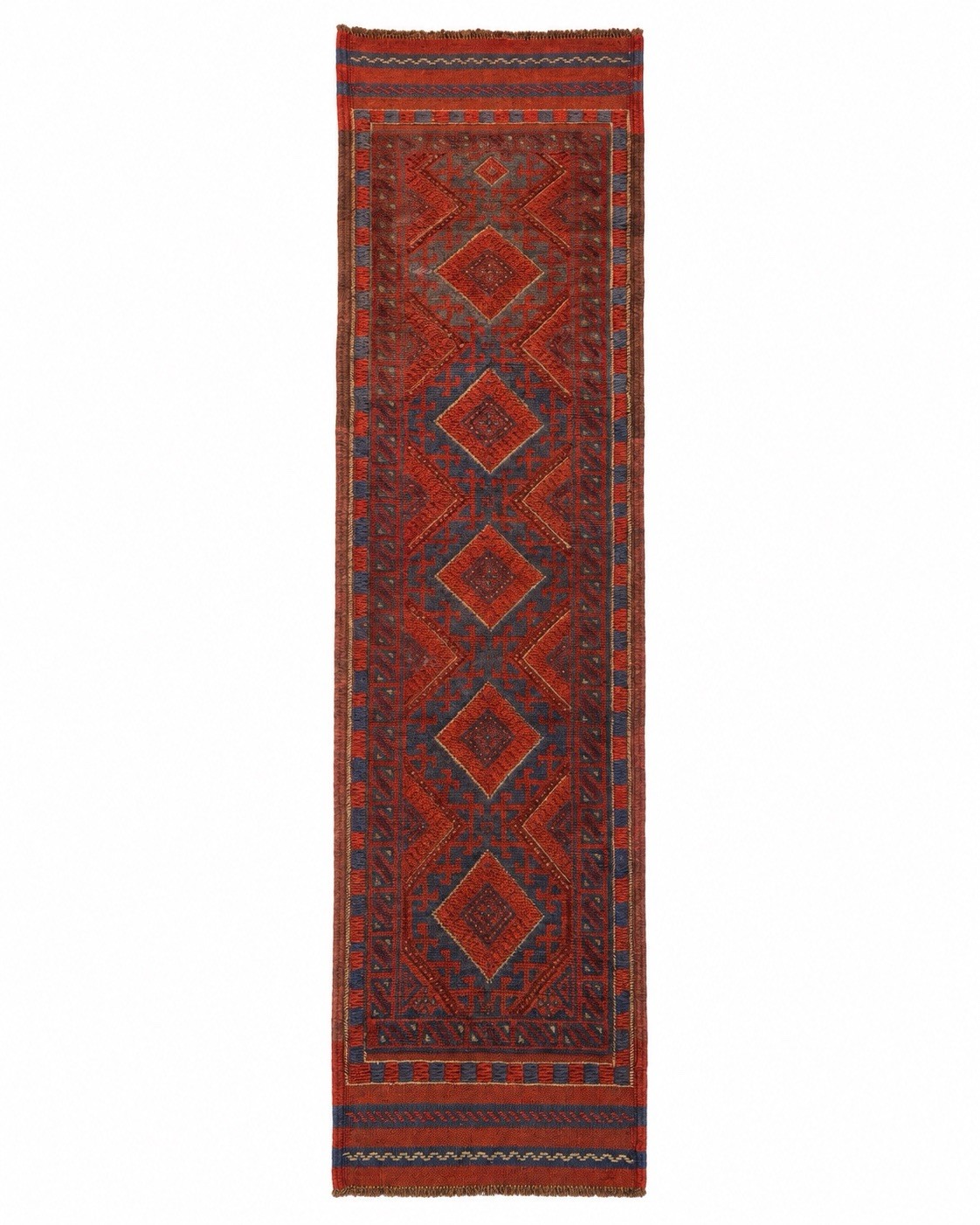 Vintage Afghan Baluchi Wool Runner Rug Hand Knotted Geometric Red Blue 2×8 Feet