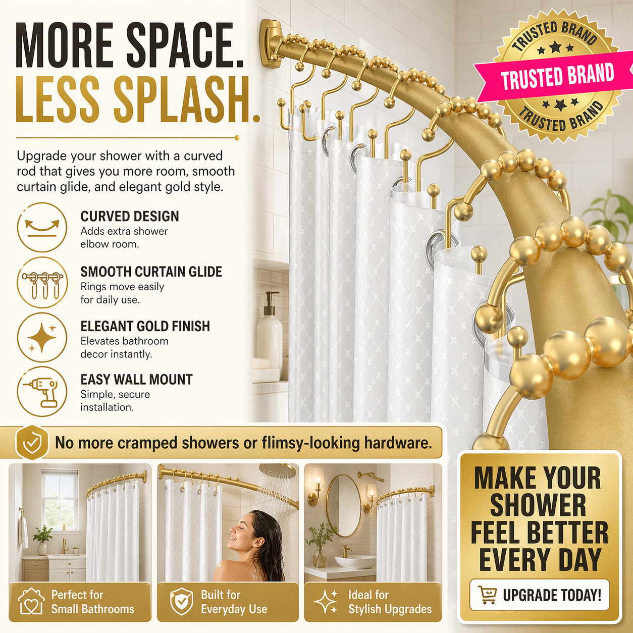 Curved Shower Curtain Rod 36.4-76In Adjustable, Gold Round Shower Curtain Rod